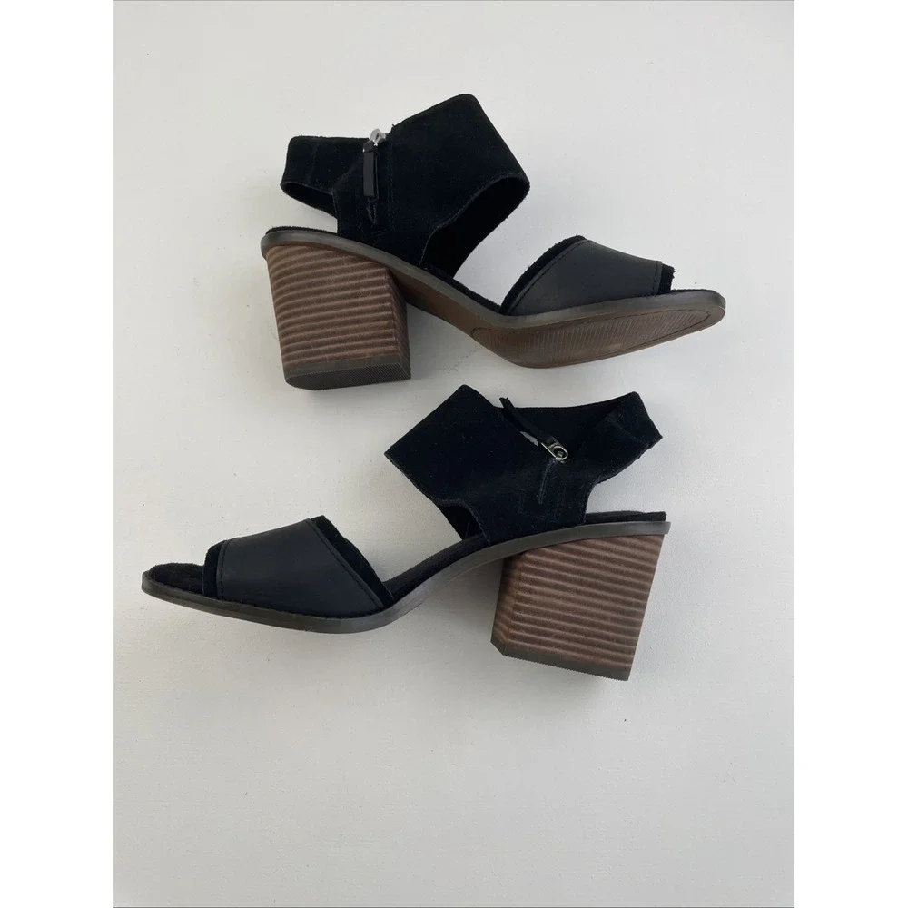 Toms Women's Sandals Size 9W Black Majorca‎ Block Ankle Leather Heels Leather